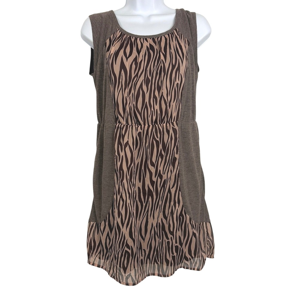 Theme Womens Zebra Animal Print Tunic Dress Mixed Media Brown Tan Short M